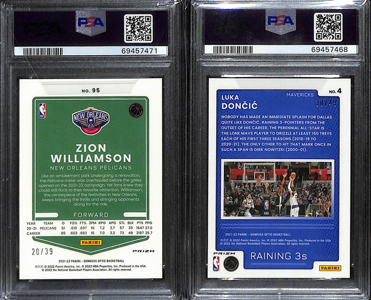 Lot of (2) 2021 Donruss Optic PSA 10s w. Zion Williams # 95 Black Velocity #d 20/39 & Luka Doncic Raining 3s Blue #d 30/49