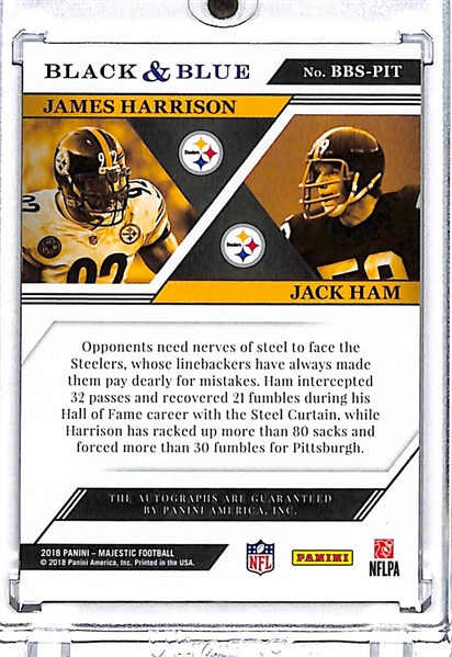 2018 Majestic Football Black & Blue James Harrison and Jack Ham 1/1 Dual Autographed Card