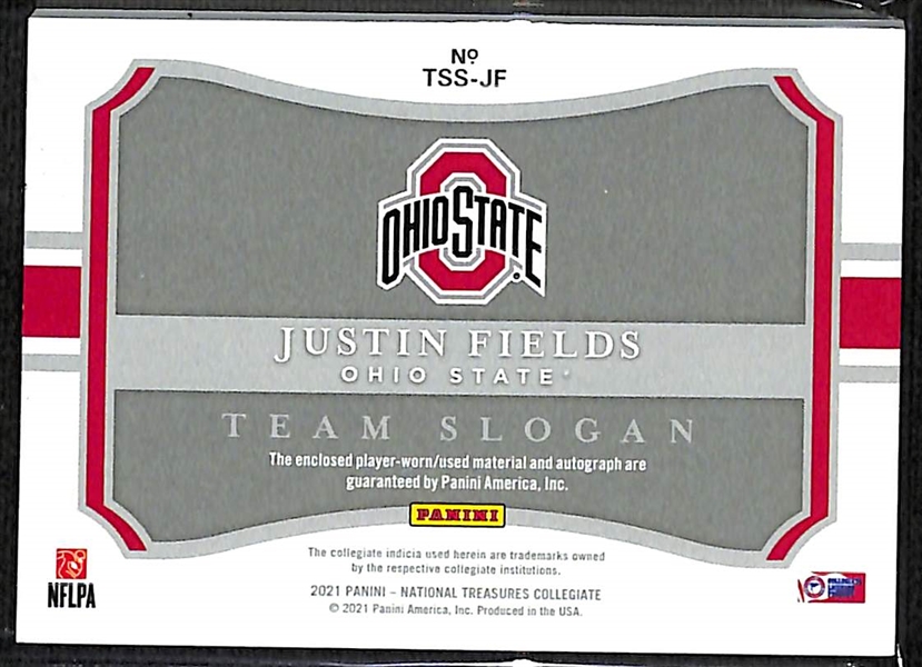 2021 National Treasures Collegiate Justin Fields Team Slogan Patch Autograph RC #d 8/25