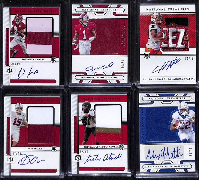 Lot of (6) National Treasures Collegiate Mostly Rookies w. DeVonta Smith, Jameson Williams, Chuba Hubbard and More