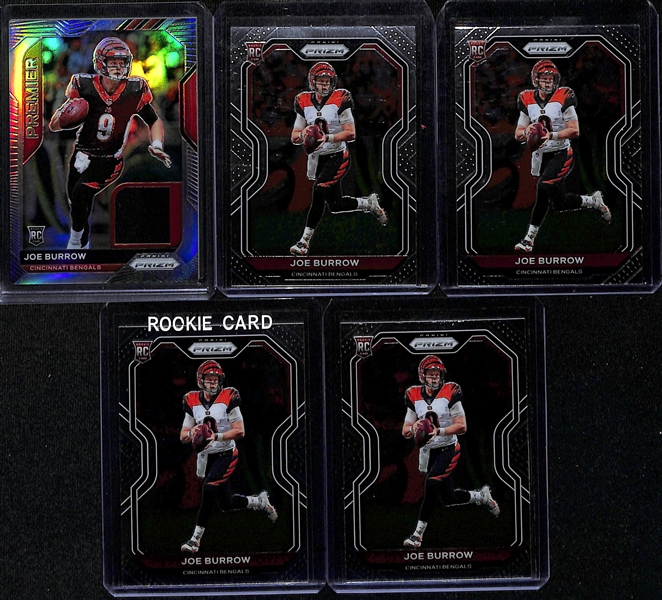 Lot of (5) 2020 Prizm Joe Burrow Rookies w. a Premier Rookie Patch