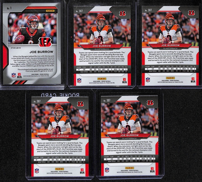 Lot of (5) 2020 Prizm Joe Burrow Rookies w. a Premier Rookie Patch