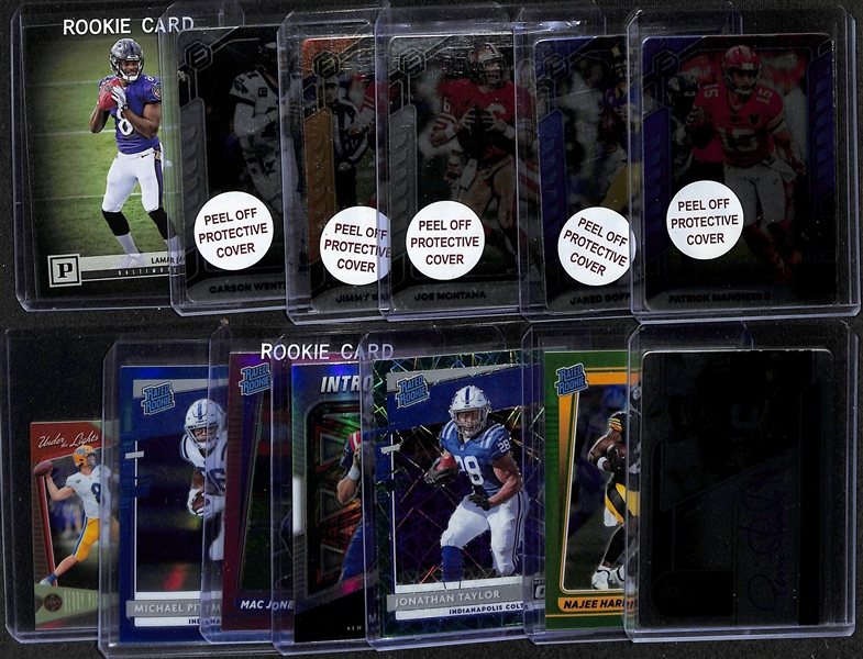 Lot of (13) Football Veteran and Rookie Lot w. 2020 Elements Patrick Mahomes Cobalt #d  11/27, Lamar Jackson Rookie, Jim Plunkett Auto #d /15 and Others