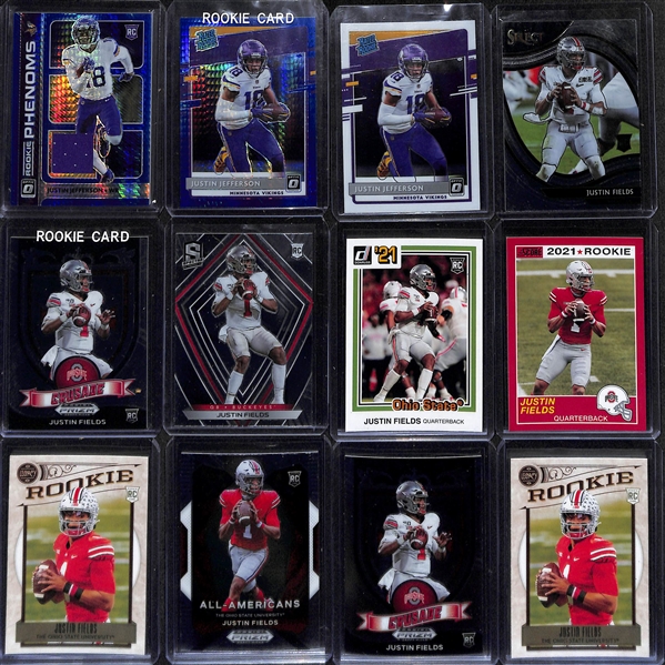 Lot of (150+) Football Rookies w. (20+) Justin Fields Rookie Cards w. (3) Justin Jefferson Rookies Inc. Optic Patch Rookie