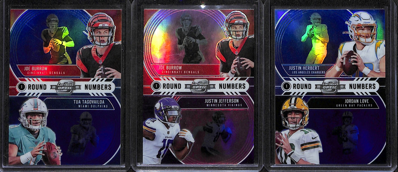 2020 Contenders Optic Round Numbers w. Burrow/Tagovailoa #d /99, Burrow/Jefferson #d /75, Herbert/Love #d /99