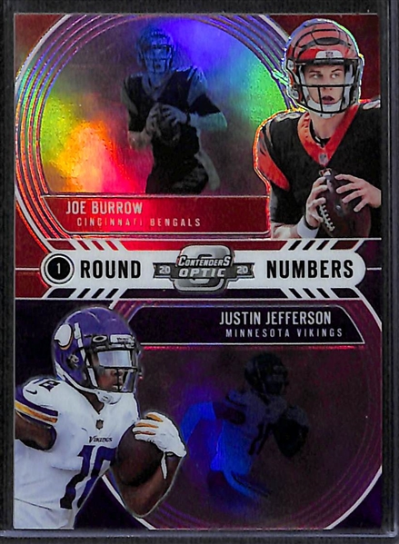 2020 Contenders Optic Round Numbers w. Burrow/Tagovailoa #d /99, Burrow/Jefferson #d /75, Herbert/Love #d /99