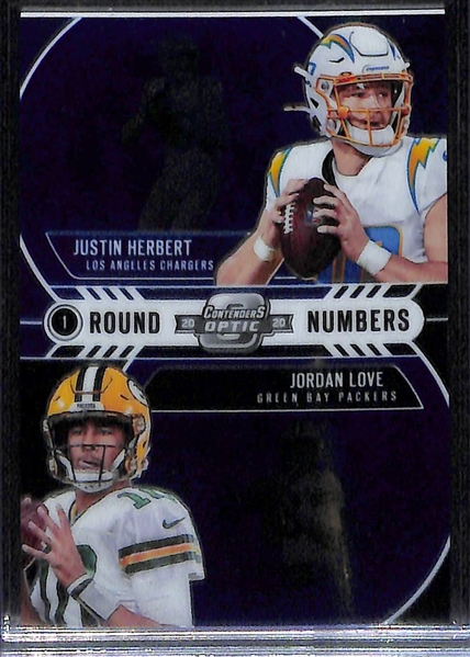 2020 Contenders Optic Round Numbers w. Burrow/Tagovailoa #d /99, Burrow/Jefferson #d /75, Herbert/Love #d /99