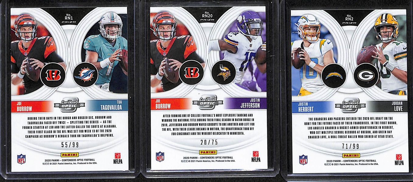 2020 Contenders Optic Round Numbers w. Burrow/Tagovailoa #d /99, Burrow/Jefferson #d /75, Herbert/Love #d /99