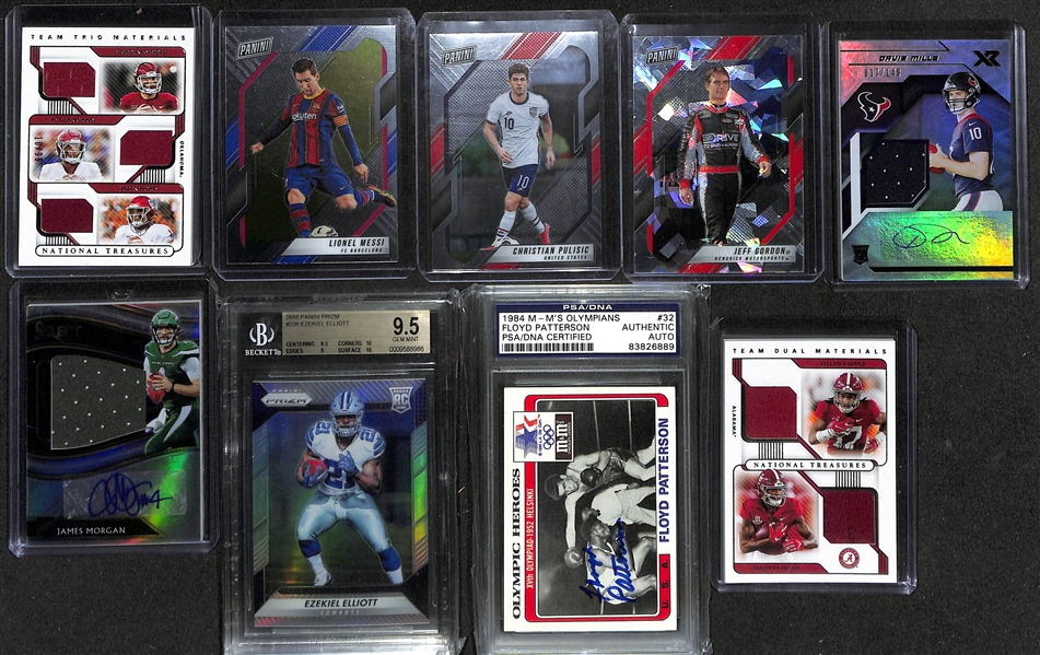 Lot of (15) Mixed Sports Lot w. Panini VIP Lionel Messi, Prizm Ezekiel Elliot RC BGS 9.5, Floyd Patterson Auto, More