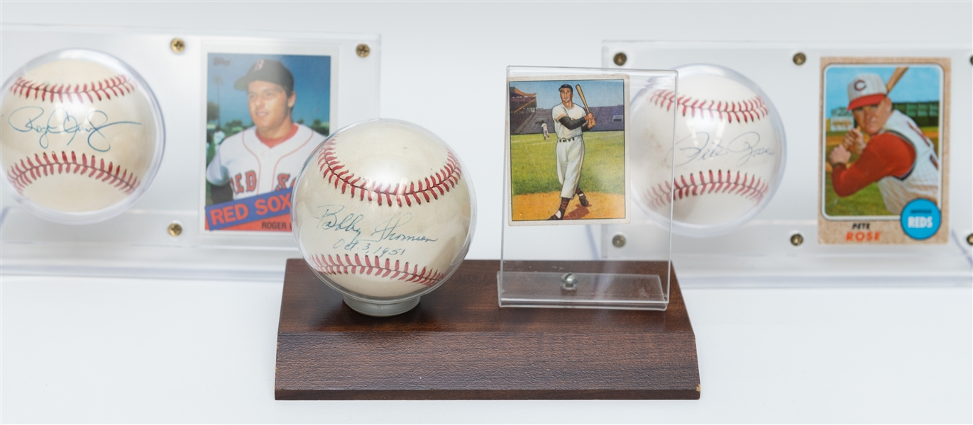 Signed Baseball Lot - Pete Rose (w. 1968 Topps), Bobby Thomson (w. 1950 Bowman), Roger Clemens (To Chip w. 1985 Topps Rookie) - JSA Auction Letter