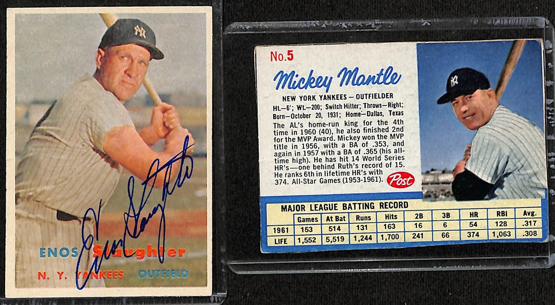 1957 Topps Enos Slaughter Signed Card & 1962 Post Mickey Mantle (JSA Auction Letter)