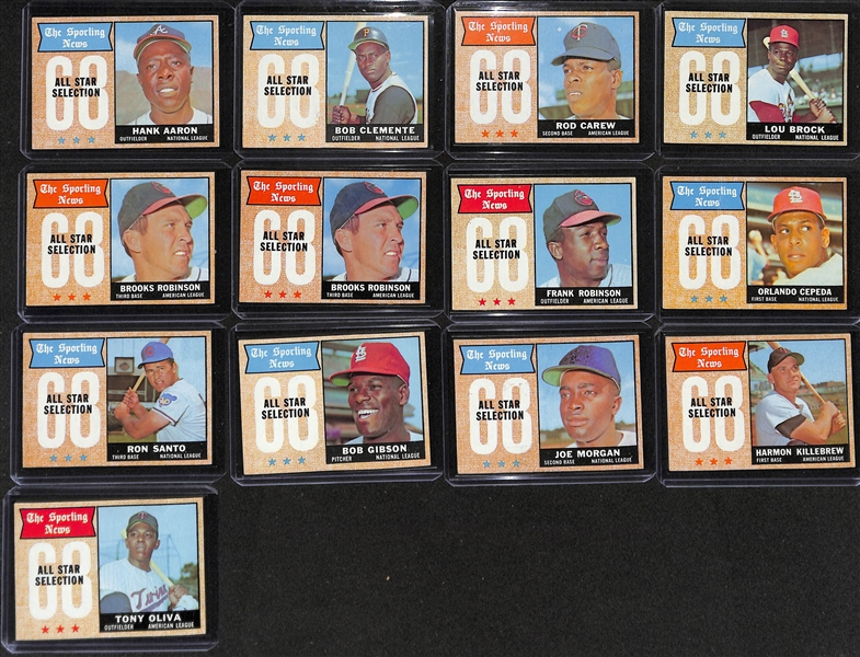 Lot of (13) 1968 Topps All Star Cards w. Hank Aaron & (33) 1965 Topps Transfers w. (2) Bob Gibson 