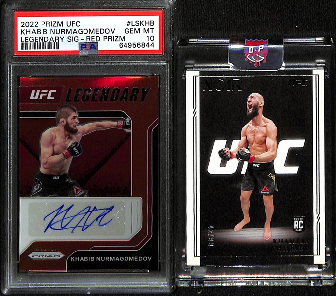 2022 Prizm UFC Khabib Nurmagomedov Legendary Signatures Red #d /99 PSA 10 and 2021 Chronicles Noir Khamzat Chimaev RC