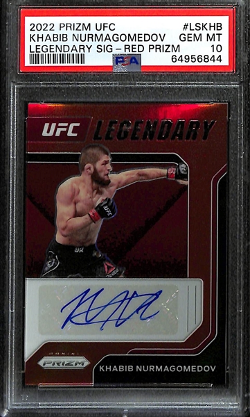 2022 Prizm UFC Khabib Nurmagomedov Legendary Signatures Red #d /99 PSA 10 and 2021 Chronicles Noir Khamzat Chimaev RC