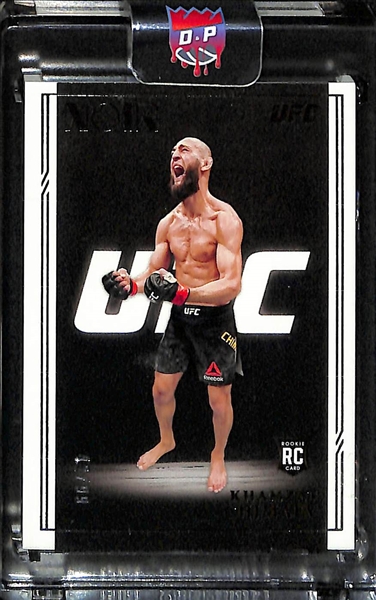 2022 Prizm UFC Khabib Nurmagomedov Legendary Signatures Red #d /99 PSA 10 and 2021 Chronicles Noir Khamzat Chimaev RC