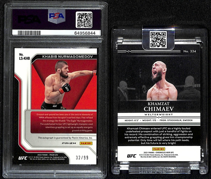 2022 Prizm UFC Khabib Nurmagomedov Legendary Signatures Red #d /99 PSA 10 and 2021 Chronicles Noir Khamzat Chimaev RC