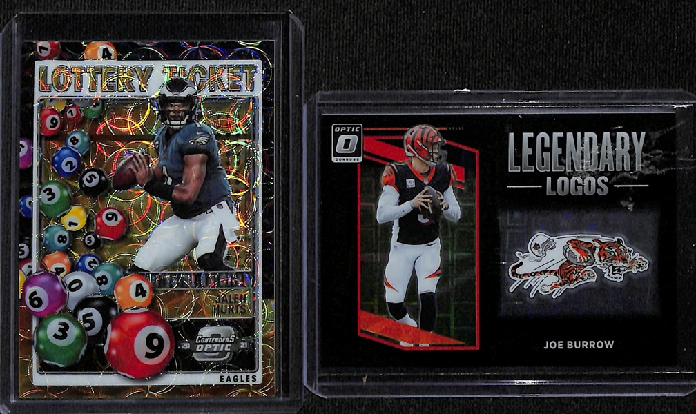 2021 Contenders Optic Lottery Ticket Jalen Hurts #d /25 and 2021 Optic Legendary Logos Joe Burrow Black Pandora #d /25