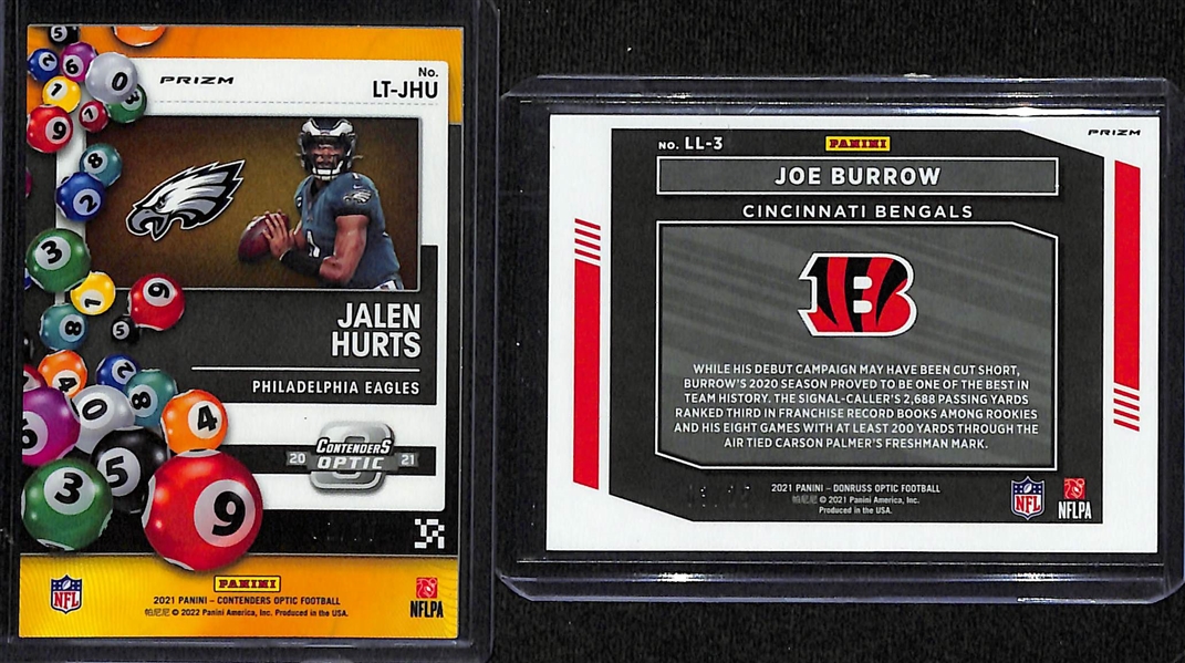 2021 Contenders Optic Lottery Ticket Jalen Hurts #d /25 and 2021 Optic Legendary Logos Joe Burrow Black Pandora #d /25