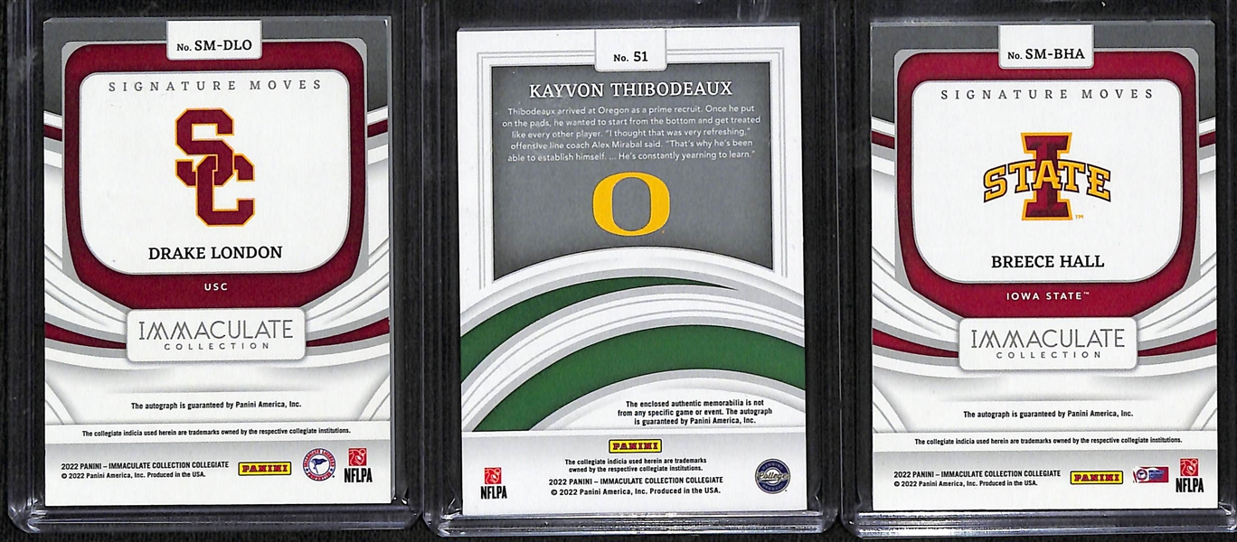 Lot of (3) 2022 Immaculate Collegiate Football w. Drake London Auto #d /10, Kayvon Thibodeaux Patch Auto #d /10