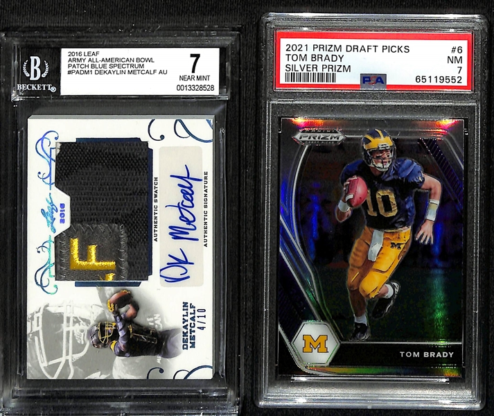 2016 Leaf DK Metcalf GU Army Patch Autograph Rookie # /10 BGS 7 and 2021 Prizm Draft Picks Tom Brady Silver Prizm PSA 7