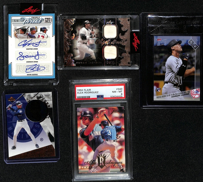 Lot of (5) Baseball Star and HOF Lot w. 2022 Leaf Pro Set Triple Autograph Braves Chipper Jones/Andruw Jones/David Justice #d 5/8, Aaron Judge RC BGS 9, More