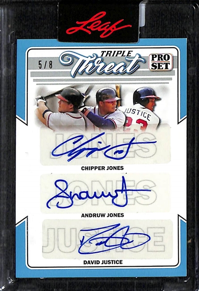 Lot of (5) Baseball Star and HOF Lot w. 2022 Leaf Pro Set Triple Autograph Braves Chipper Jones/Andruw Jones/David Justice #d 5/8, Aaron Judge RC BGS 9, More