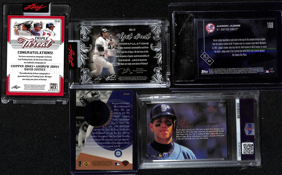 Lot of (5) Baseball Star and HOF Lot w. 2022 Leaf Pro Set Triple Autograph Braves Chipper Jones/Andruw Jones/David Justice #d 5/8, Aaron Judge RC BGS 9, More