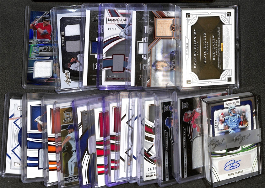 Lot of (20) Relic and Autographed Cards w. 2021 National Treasures Triple Legend Duos Hornsby/Carew/Biggio Dual Patches #d /99