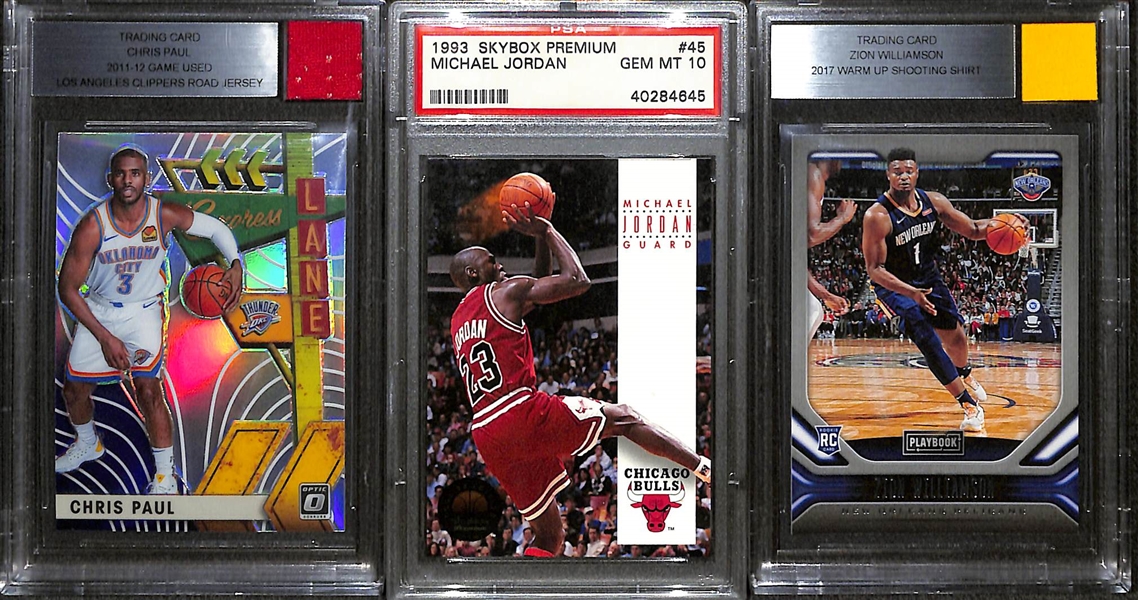 1993 Skybox Premium Michael Jordan PSA 10, 2019-20 Chronicles Playbook Zion RC w. Patch, and 2019-20 Optic Chris Paul w. Game Used Jersey Patch