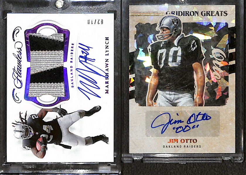 2018 Flawless Marshawn Lynch Patch Autograph #d /10 and 2021 Gridiron Greats Jim Otto Autograph.