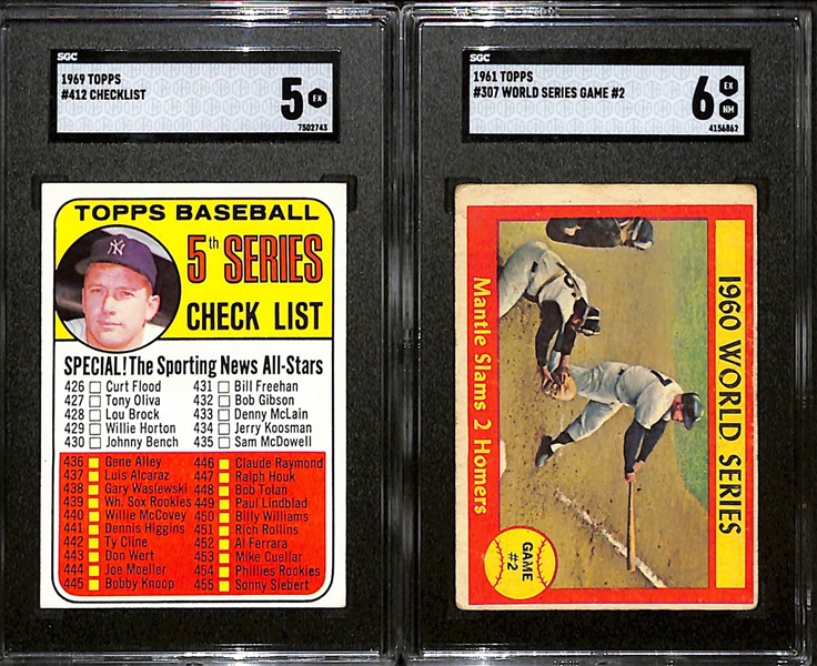 1961 Topps # 307 1960 World Series Mantle Slams 2 Homers SGC 6 and 1969 Topps # 412 Mickey Mantle 5th Series Checklist SGC 5