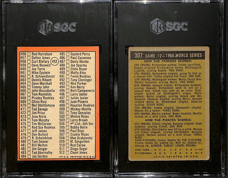 1961 Topps # 307 1960 World Series Mantle Slams 2 Homers SGC 6 and 1969 Topps # 412 Mickey Mantle 5th Series Checklist SGC 5