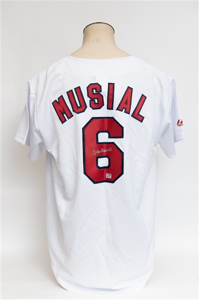 Stan Musial Autographed Majestic Cardinals Jersey (PSA/DNA Cert) and Stan Musial Exhibit Card