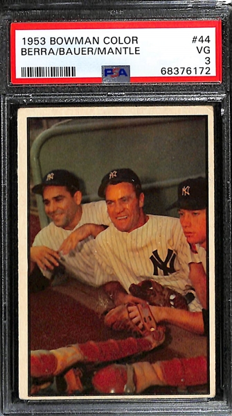 1953 Bowman Color Mickey Mantle, Yogi Berra, Hank Bauer #44 Graded PSA 3