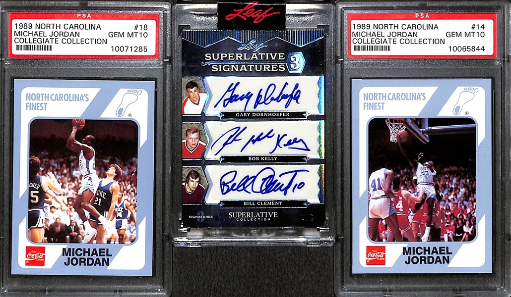 2021 Leaf Superlative Signatures 3 w. Dornhoefer/Kelly/Clement and (2) 1989 North Carolina Michael Jordan Collegiate Collection PSA 10s