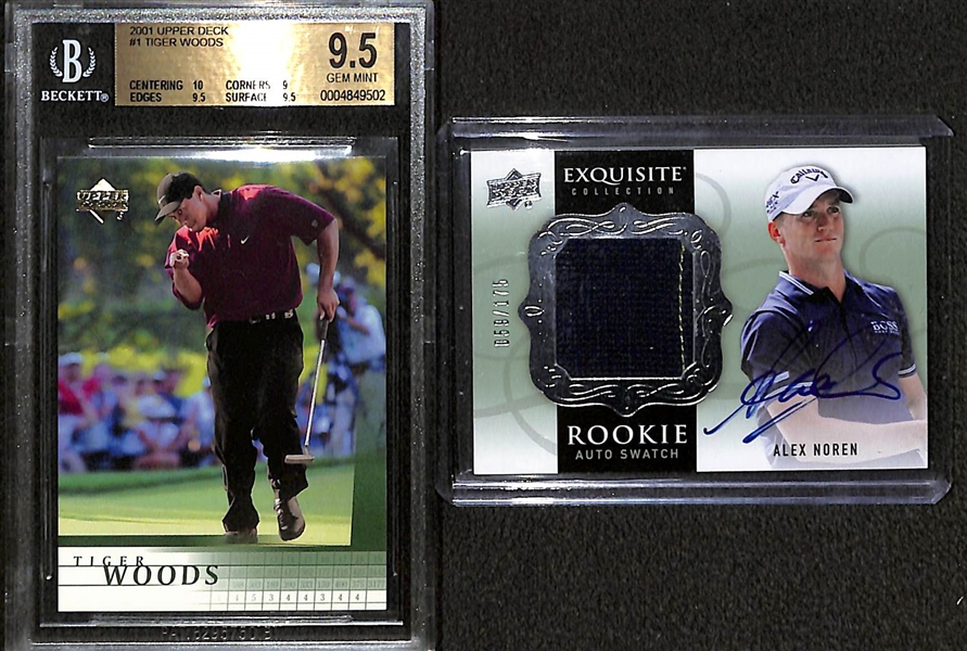 2001 Upper Deck #1 Tiger Woods Rookie Graded BGS 9.5 and 2013 Exquisite Collection Alex Noren Rookie Auto Patch #d /175