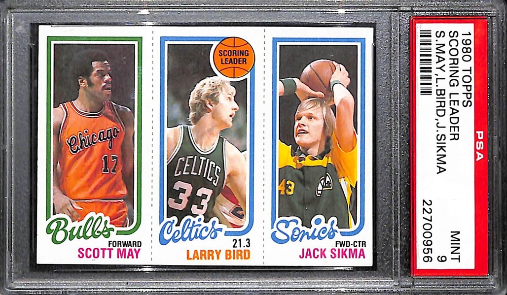 1980 Topps Scoring Leaders - Larry Bird Rookie w. Jack Sikma & Scott May Graded PSA 9 Mint!