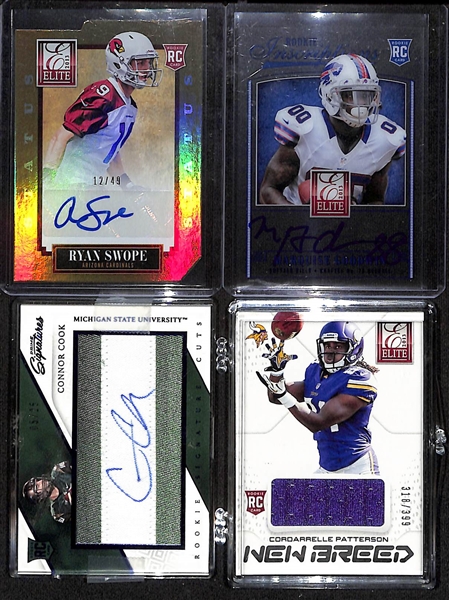 Lot of (12) Football Autograph or Insert Cards w. 2013 Elite DeAndre Hopkins Auto Patch RC #d /99, Manning/Warner/Favre GU Triple Patch #d /10, and More