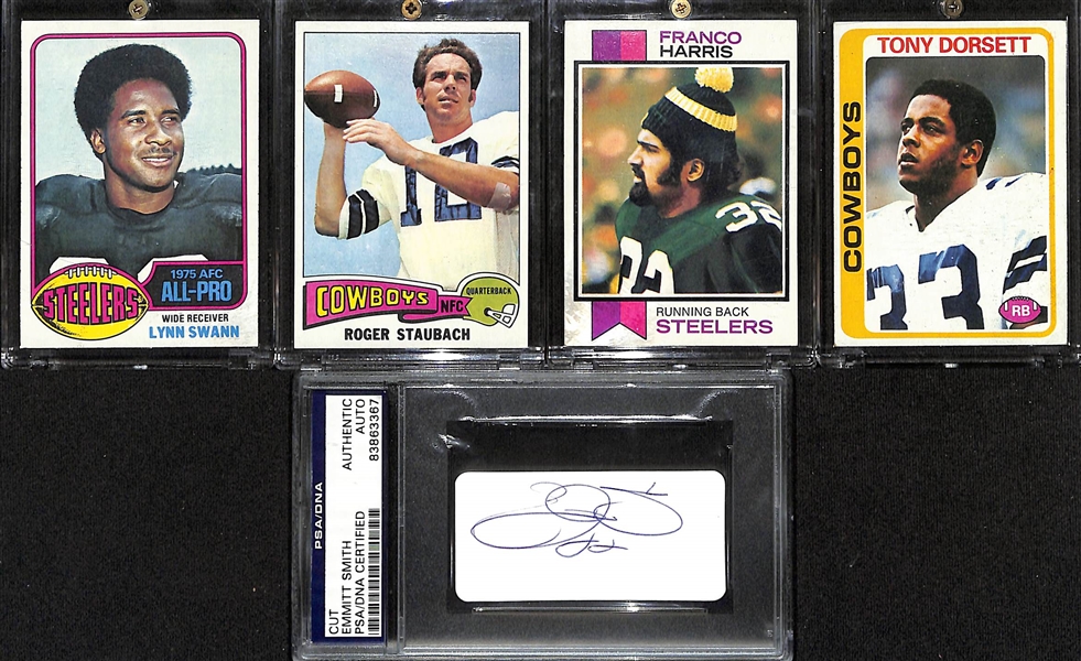 Lot of (4) Vintage Football Cards w. Franco Harris and Tony Dorsett RCs Plus Emmitt Smith Cut Autograph (PSA/DNA Encased)