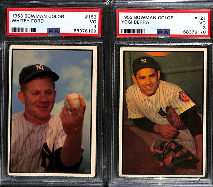 1953 Bowman Color Yogi Berra #121 & Whitey Ford #153 - Both Graded PSA 3