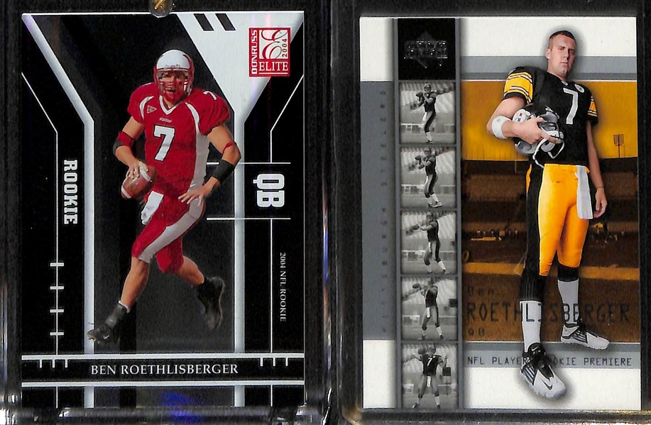 2004 Eli Manning & Ben Roethlisberger Rookie Lot w/ SPX Eli Autograph Jersey & Donruss Elite Big Ben Rookie #ed/500  