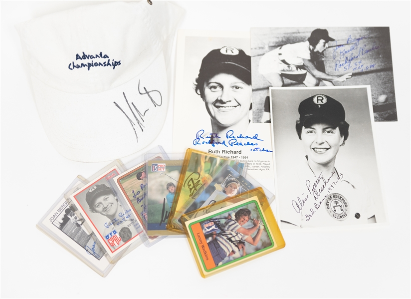 Lot of (11) Baseball and Tennis Autographs w. Many Women From Rockford Peaches Including Maria Sharapova Hat, (2) Ruth Richard, (2) Joan Berger Knebl, and Others (JSA Auction Letter)