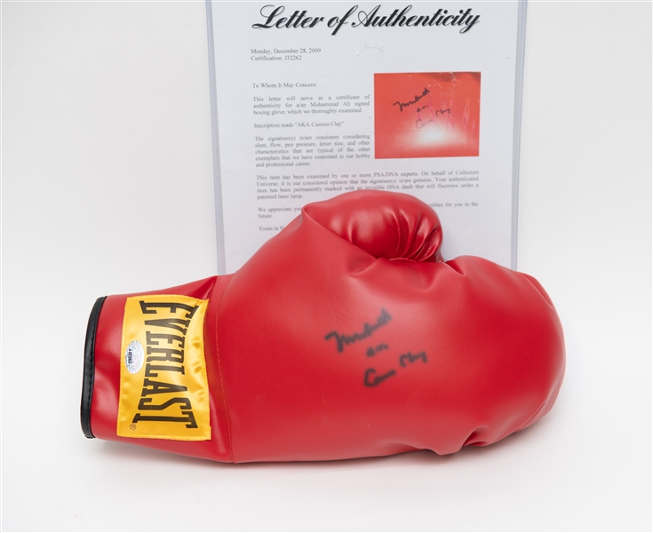 Rare Muhammad Ali Signed Boxing Glove w. Full Name & a.k.a. Cassius Clay Inscription - Full PSA/DNA LOA (Some Bleeding of Black Sharpie Signatures)