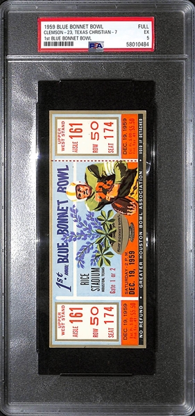 1959 Blue Bonnet Bowl Full Ticket (1st Blue Bonnet Bowl) - Clemson 23; Texas Christian 7 - Graded PSA 5