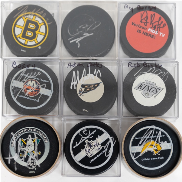 Lot of 9 Signed Hockey Pucks (Mike Bossy, Ray Bourque, Adam Oates, Rob Blake, Mike Knuble, +4) - JSA Auction Letter