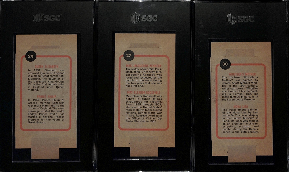 Lot of (3) 1965 Topps Push-Pull Graded Cards w. Queen Elizabeth (SGC 4), Jackie Kennedy (SGC 6), Mona Lisa (SGC 6)