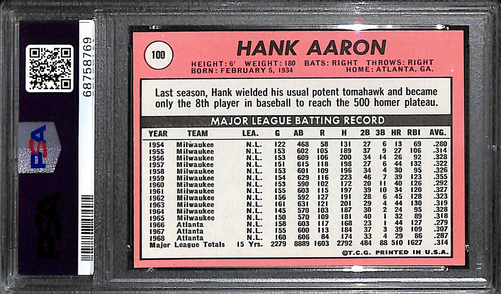 Lot Detail - 1969 Topps Hank Aaron #100 Graded PSA 8