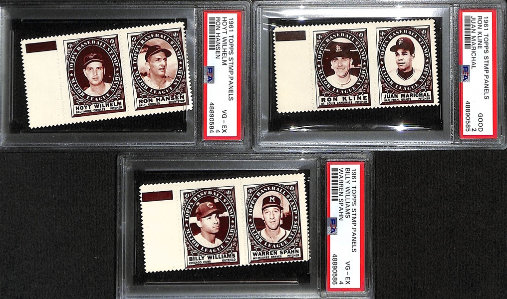 Lot of (13) PSA Graded 1961 Topps Stamps w. Hank Aaron (11 of the 13 are 2-Stamp Panels)