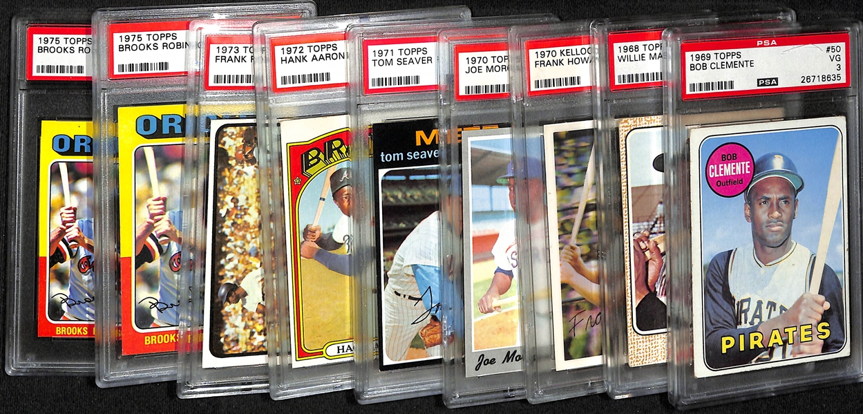 Lot of (9) 1960s and 70s PSA Graded Cards w. 1969 Topps Roberto Clemente # 50 PSA 3, 1968 Topps # 50 Willie Mays PSA 3, and More