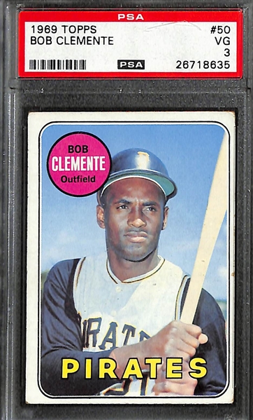 Lot of (9) 1960s and 70s PSA Graded Cards w. 1969 Topps Roberto Clemente # 50 PSA 3, 1968 Topps # 50 Willie Mays PSA 3, and More